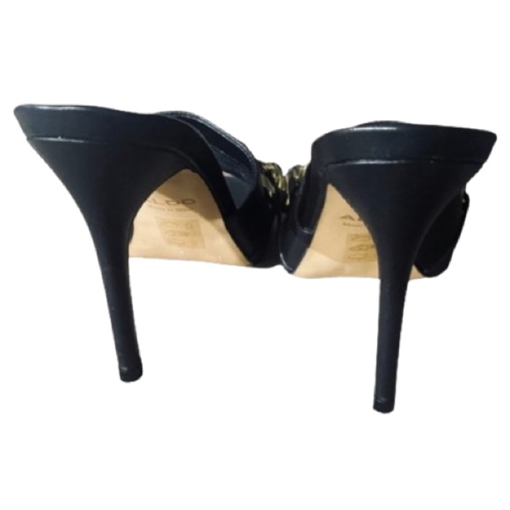 Aldo High Heel Black Leather Square Toe Sandals /Mules w/ Gold Chain Size 6.5 - Picture 7 of 12